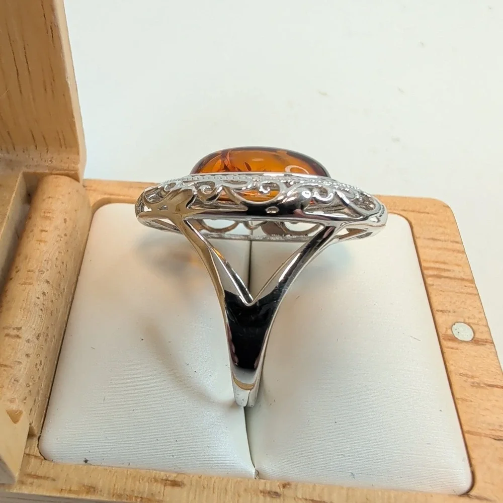 STS Jewels Sterling Silver & Cognac Amber Pebbled Filigree Statement Ring